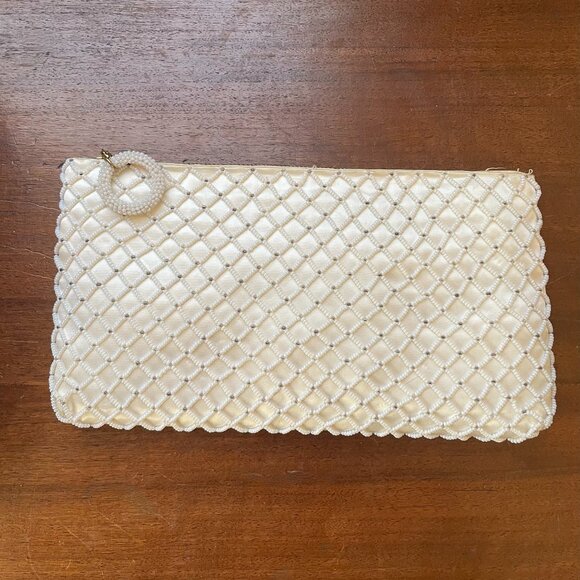 Vintage Richere Ivory Satin Beaded Clutch – Net Overlay, Beaded Zipper Pull